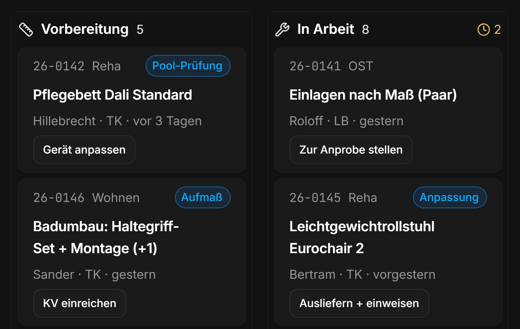Werkstattaufträge in den Spalten Vorbereitung und In Arbeit, jeder Auftrag mit dem nächsten Arbeitsschritt