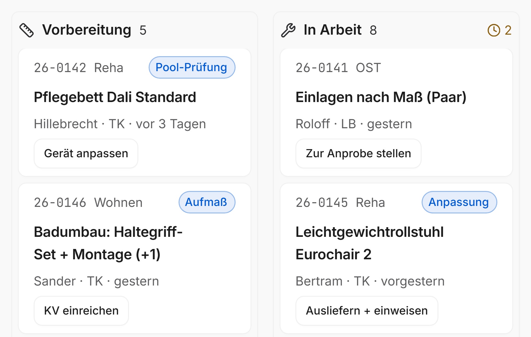 Werkstattaufträge in den Spalten Vorbereitung und In Arbeit, jeder Auftrag mit dem nächsten Arbeitsschritt